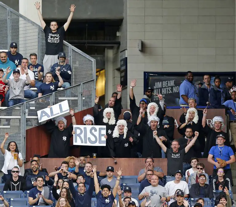 Fans reacting to Aaron Judge playing in Right Field in the Judgers Chambers seats at during a game at Yankees Stadium