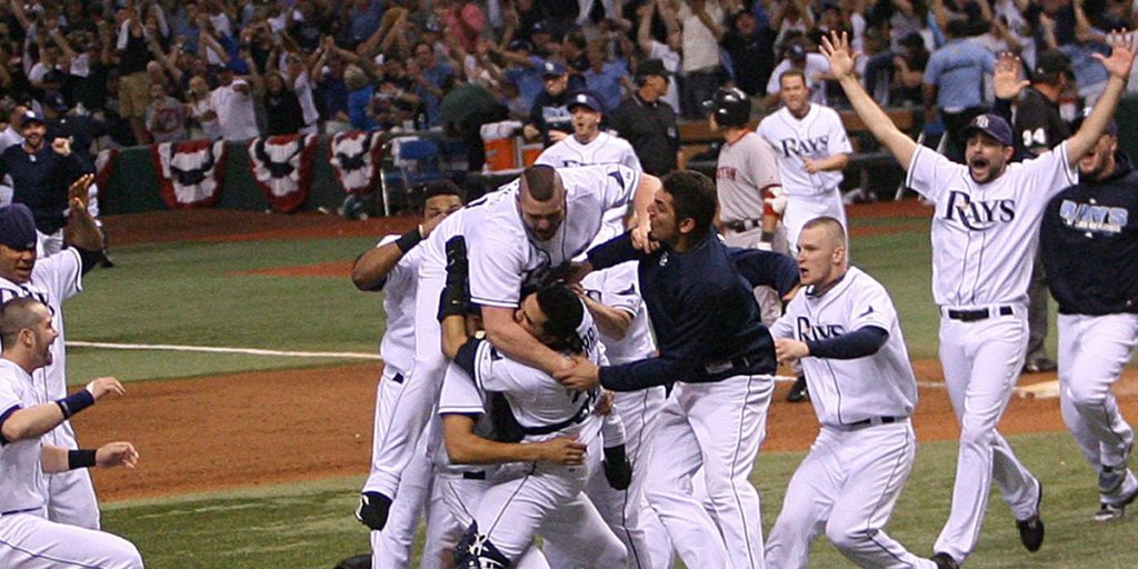 The Tampa Bay Rays celebrating winning the 2008 ALCS