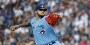 Blue jays Right-Handed Pitcher Alek Manoah Mid-Wind Up Set to Deliver Next Pitch