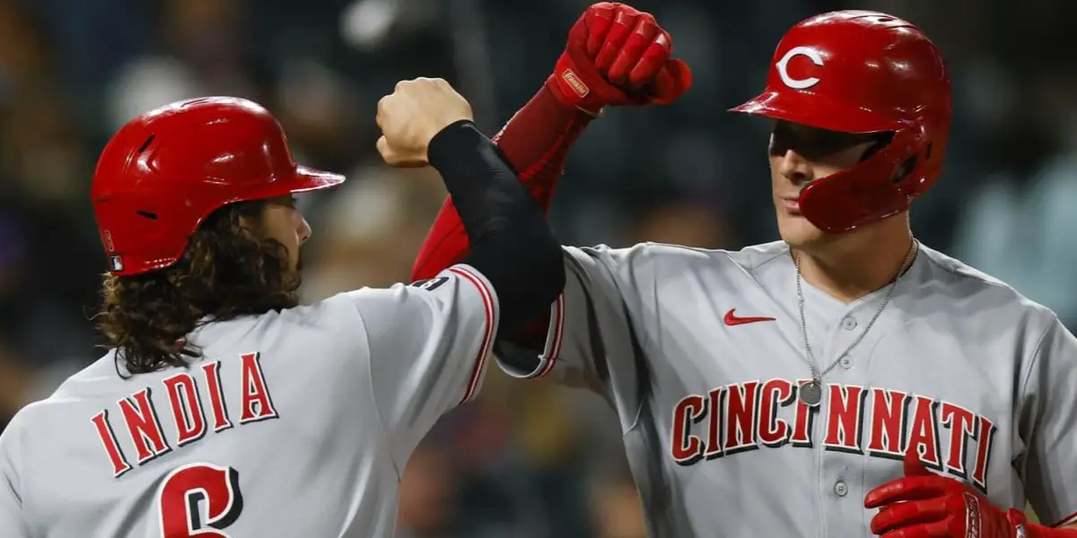 Tyler Stephenson and Jonathan India celebrating during a Reds game