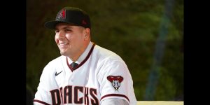 Ivan Melendez smiles after being selected by the Arizona Diamondbacks with the 43rd pick of the 2022 MLB baseball draft, Sunday, July 17, 2022, in Los Angeles.(AP Photo/Abbie Parr)